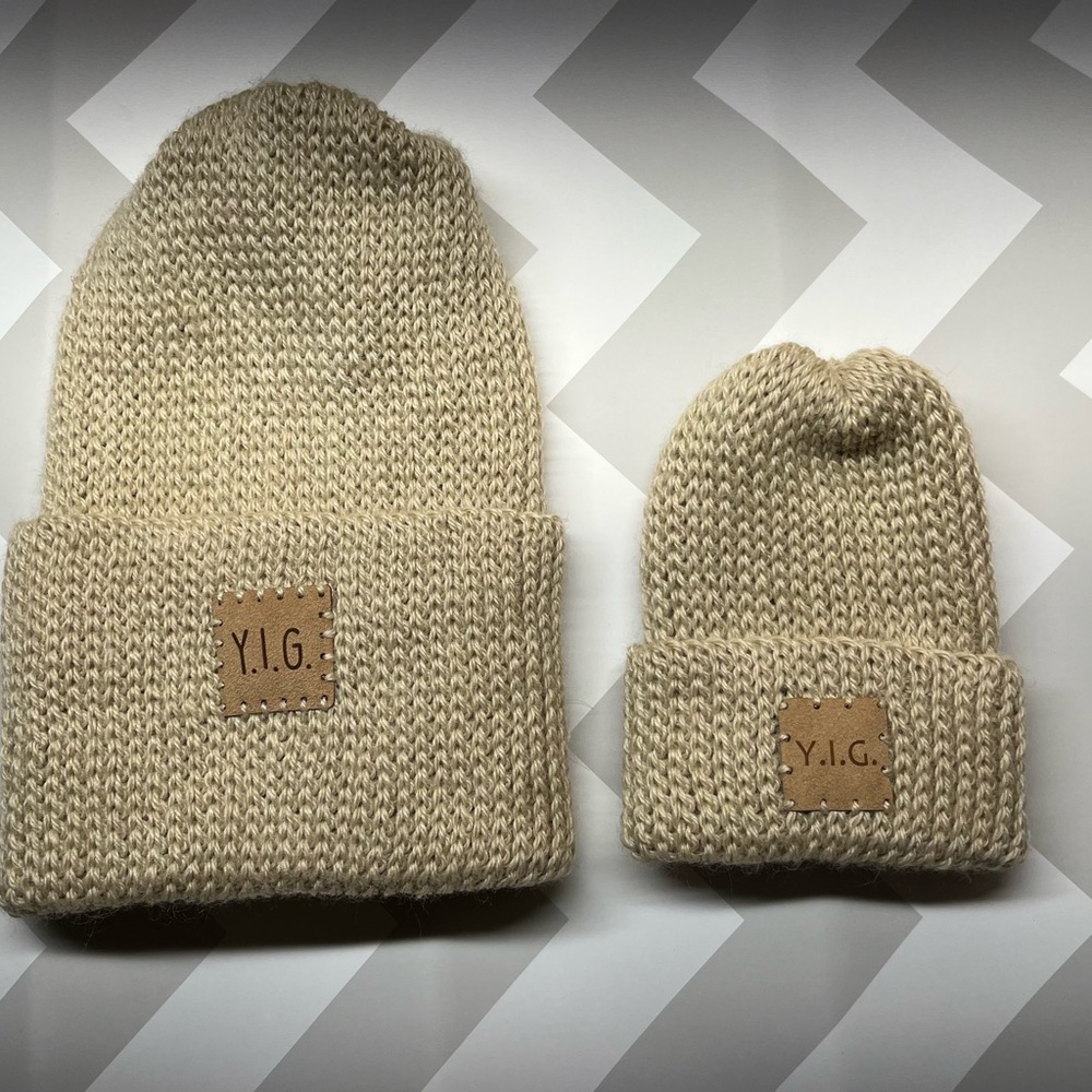 Hand made recyclable yarn hats cream colour baby/child and me set